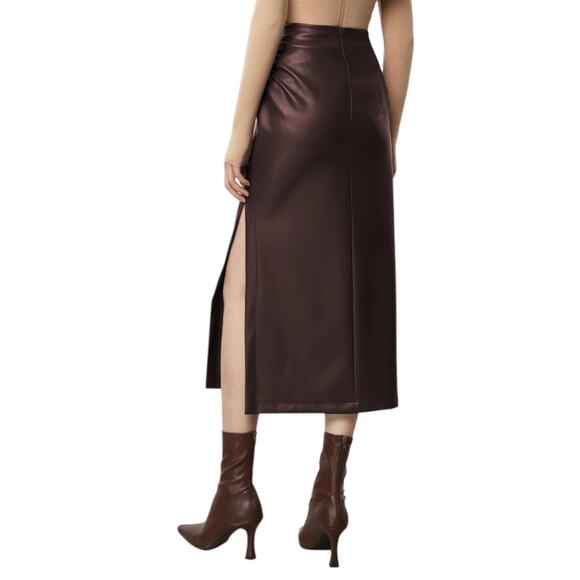 Commense Faux Leather Ruched High Waist Midi Skirt – Brown/Burgundy – Size XL - Picture 3 of 4
